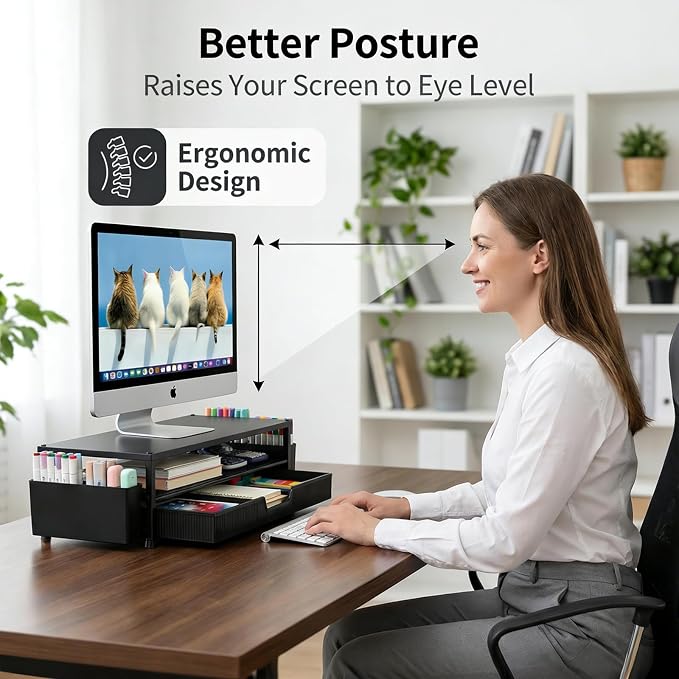ECOLOVI Desk Organizer and Accessories, 2-Tier Computer Monitor Stand Rise with Storage Drawer & 2 Pen Holders, Laptop & Printer Stand for Desktop, Workspace Organizers for Office Supplies (Black 2-Pack)) - Image 2