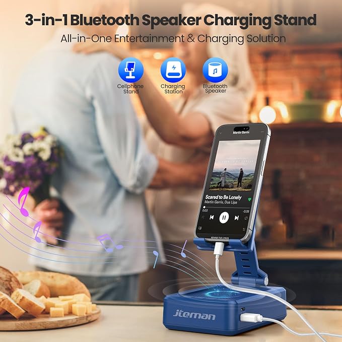 JTEMAN Cell Phone Stand with Bluetooth Speaker and Charging Function, HD Sound Adjustable Phone Holder, Birthday Gifts for Men Women, Cool Tech Kitchen Gadgets for All Phones,Tablet (Blue) - Image 2