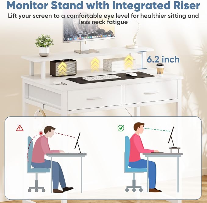 DUMOS 31-Inch Computer Desk with Drawers and Monitor Stand, White | Small Writing Desk for Home Office with Headphone Hook, Compact Study Table for Bedroom - Image 5