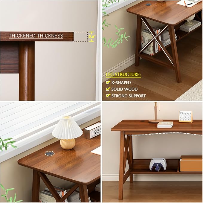 NELYE Extra Long Writing Desk with Bookshelf, 63" Wx24 Dx30 H, Walnut | Wooden Home Office Work Study Table, Computer Gaming Workstation with Storage Shelf, Sturdy MDF Resists Wobble - Image 2