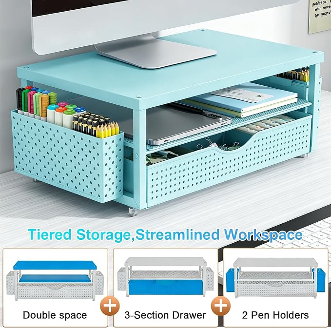 gianotter Desk Organizers and Accessories, Monitor Stand with Drawer and 2 Pen Holder, Desktop Organizer Suitable for Offices and Dormitories (Blue-Plain) - Image 4