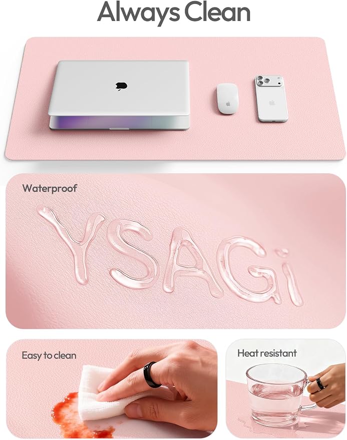 YSAGi Leather Desk Protector, Office Mat, Large Mouse Mat, Non-Slip PU Leather Blotter, Laptop Desk Mat, Waterproof Writing Pad for Office and Home(Light Pink, 63" x 24") - Image 9