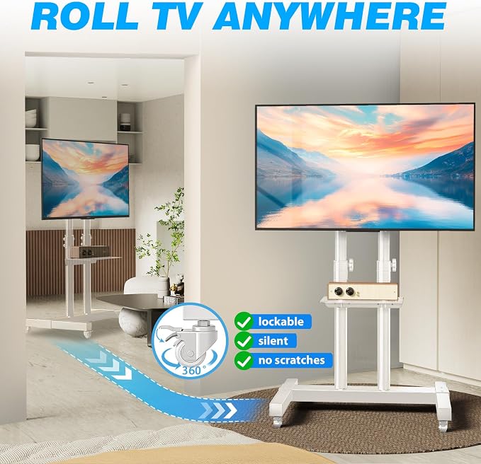 Rfiver Mobile TV Cart Rolling TV Stand for 32-83 Inch Screen Flat/Curved TVs up to 110lbs, Tilt and Height Adjustment Portable TV Stands on Wheel with Laptop Shelf, Outdoor TV Stand MAX VESA 600x400mm - Image 4
