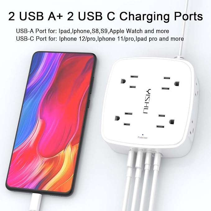 10 Ft Surge Protector Power Strip - YISHU 8 Widely Outlets with 4 USB Ports, 3 Side Outlet Extender with 10 Feet Flat Extension Cord, Ultra Flat Plug, Wall Mount, Desk USB Charging Station, ETL, White - Image 3