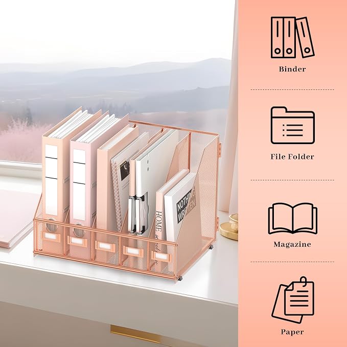 SUPEASY Desk Organizers Metal Desk Magazine File Holder with 5 Vertical Compartments Rack File Organizer for Office Desktop, Home Workspace, Rose Gold, Plus - Image 6