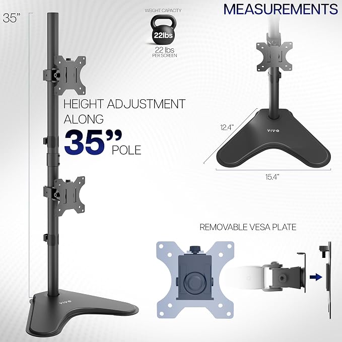 VIVO Dual Monitor Desk Stand Free-Standing LCD Mount, Holds in Stacked Vertical Position 2 Ultrawide Screens up to 34 inches, Black, STAND-V002L - Image 3