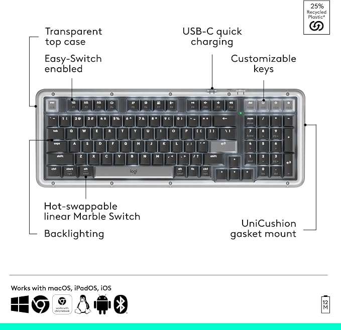 Logitech Alto Keys K98M Wireless Mechanical Gasket Keyboard - Graphite | Customizable, clicky, vibration absorbing gasket, white backlit keys, Bluetooth, USB-C charging, for PC, Mac, Laptops - Image 7