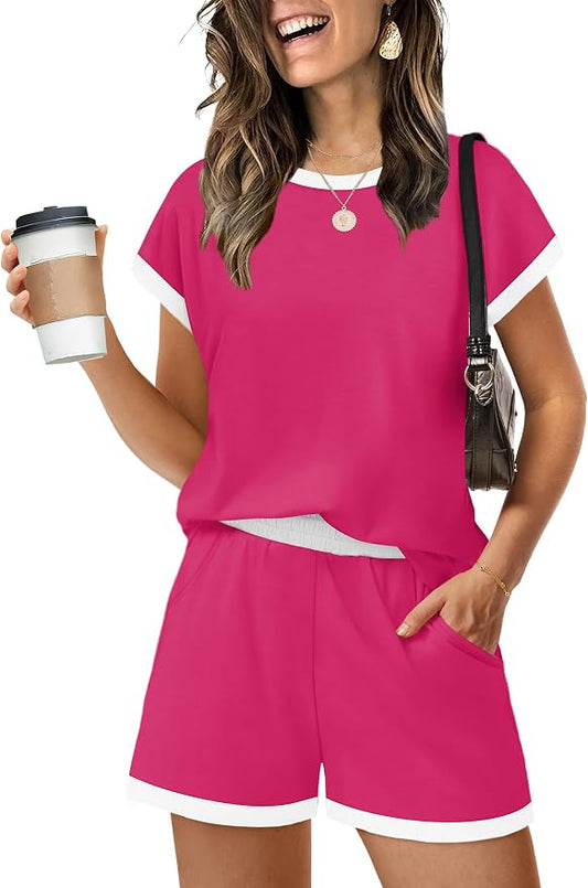 WIHOLL Two Piece Sets for Women Summer Lounge Short Sets Cap Sleeve Crew Neck Sweatsuit with Pocket XS-2XL by WIHOLL