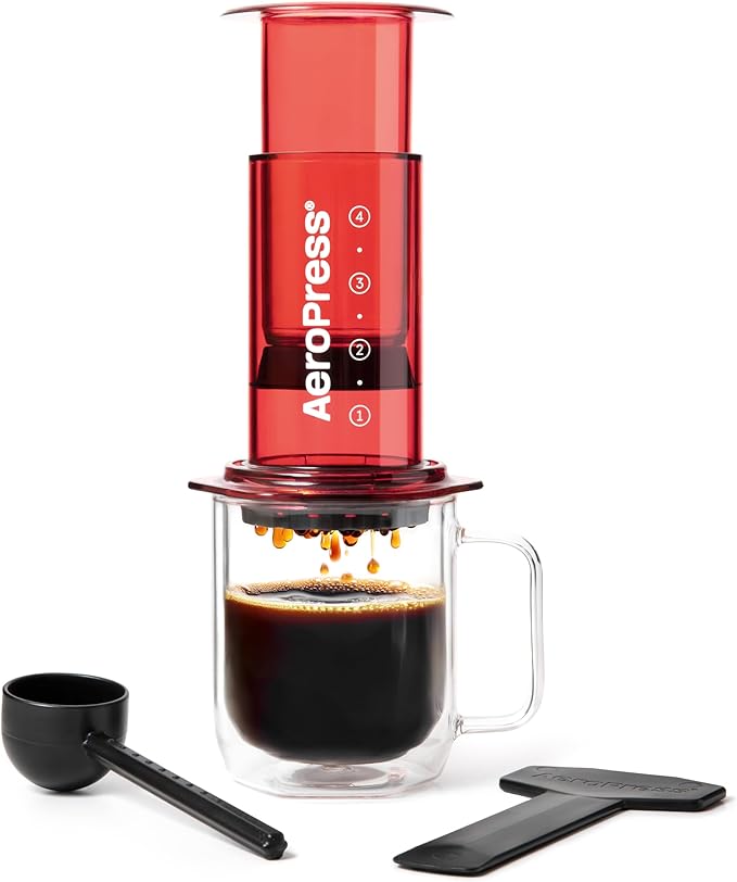 AeroPress Clear Red Coffee Press, French Press, Pour-Over & Espresso Style | All-in-One Manual Coffee Maker, 2-Minute Brew, Less Bitterness, More Flavor, Portable, Travel & Camping by AeroPress