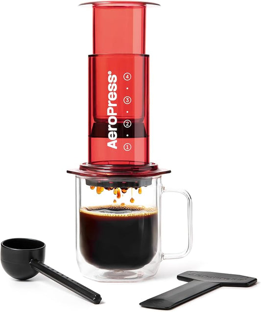 AeroPress Clear Red Coffee Press, French Press, Pour-Over & Espresso Style | All-in-One Manual Coffee Maker, 2-Minute Brew, Less Bitterness, More Flavor, Portable, Travel & Camping by AeroPress