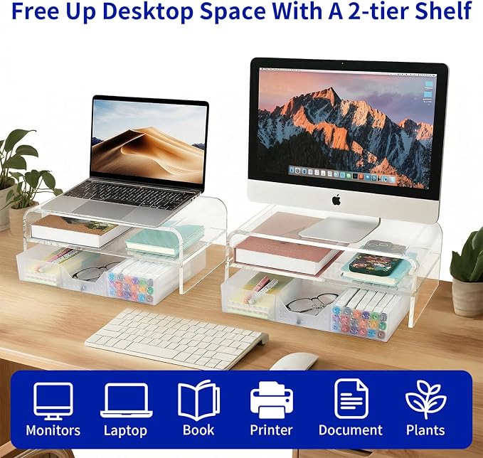 OPNICE Acrylic Clear Desk Organizers and Accessories, 2-Tier Computer Monitor Stand Riser with Drawer, Laptop Stand, Office Desk Accessories for Office Supplies, Transparent - Image 3