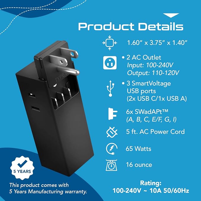 Ceptics 65W World Travel Adapter 3 USB Ports PD 3.0 Ultra Compact Charger 2 US Outlets [GaN Tech], Quick Type C, Charge Laptops, Cellphones in Europe, Asia, Africa, America and More - Image 4