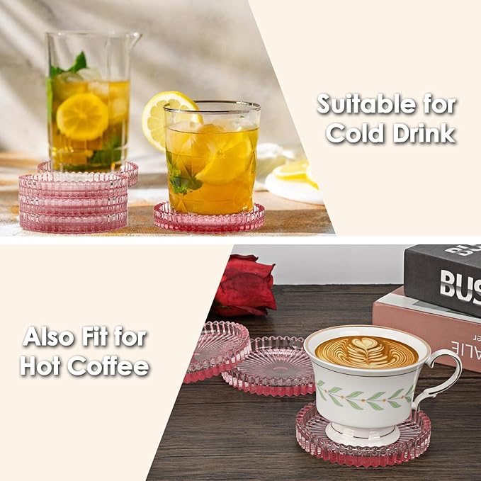 Modern Clear Coaster Set of 5- Glass Coasters for Drinks Crystal Coasters Round Cup Coaster Coffee Table Decor for Office, Kitchen, Bar, Dining Room, Living Room, Patio(Clear Pink) - Image 5