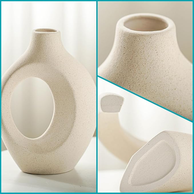 Lvases Snuggle Hollow Ceramic Vase Set of 2, Nordic Modern Boho ins Style Decorative Ceramic Aesthetic Flower Vase for Home Decor (Milky White W 6.3" X H 8.4") - Image 5