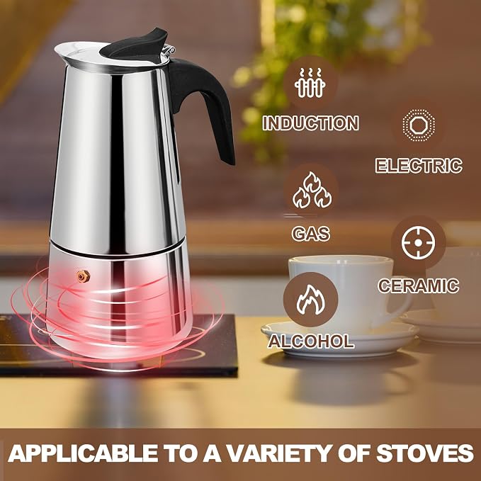 2 Cup Stovetop Espresso Maker Stainless Steel Moka Pot Stove Top Percolator Italian Coffee Makers Capable Mocha Greca Machine Cafe Classic Induction Cookers for Home and Camping 100ml 3.3oz - Image 5