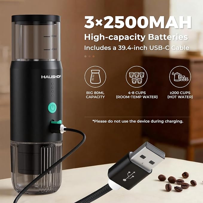 HAUSHOF Portable Electric Espresso Machine, 20 Bar Fast Heat-Up Travel Coffee Maker, USB-C Rechargeable Compatible with Ground Coffee & NS Capsules, for Car, Camping, RV, Hiking & Office - Image 5