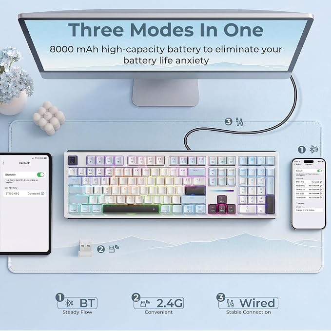 Redragon K771 Wireless Mechanical Keyboard, 108-Key Gaming Keyboard with 4 Extra Hotkeys, 5-Layer Noise Dampening, Pre-lubed Linear Switches, Hot-swap Custom RGB Keyboard for PC/Mac - Blue&White - Image 3