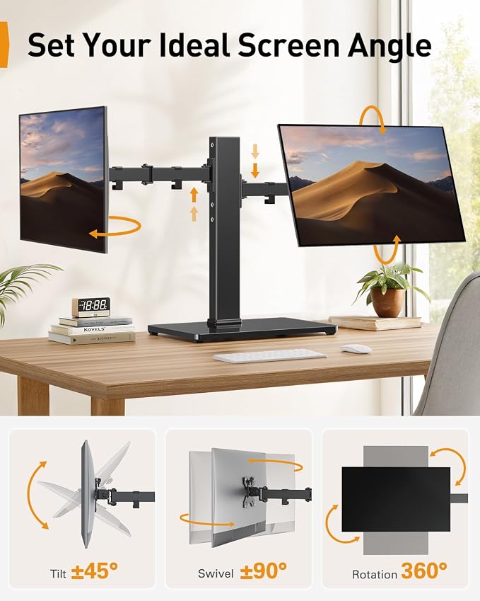 Perlegear Dual Monitor Stand with Power Strip, Freestanding Computer Monitor Stand for 2 Screens up to 32 Inch, Monitor Stand Riser with Glass Base and Adjustable Arms, Holds 22 lbs per Arm, PGTVS41B - Image 5