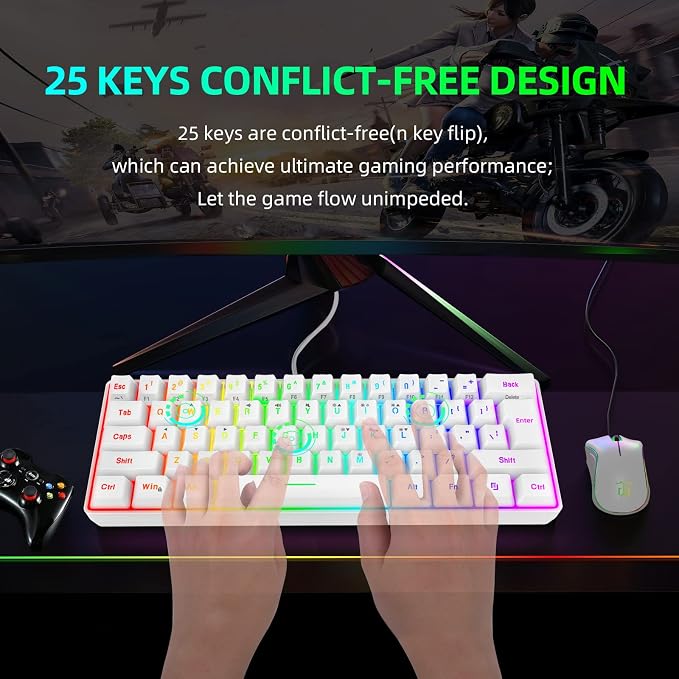 Snpurdiri 60% Wired Gaming Keyboard, 61 Keys RGB Backlit Wrist Rest Ultra-Compact Mini Waterproof Keyboard for PC Computer Gamer (White) | Backlit Ultra-Compact Mini Gaming Keyboard for PC Computer Gamer - Image 3