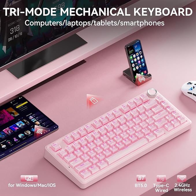 SOLAKAKA A75 Wireless Gaming Keyboard with Multifunction Knob, BT5.0/2.4GHz/USB-C, 75% Mechanical Keyboard, Hot-Swappable, Gasket Creamy Keyboard with RGB Backlit, Crystal Keycaps, for PC/Mac/PC - Image 3