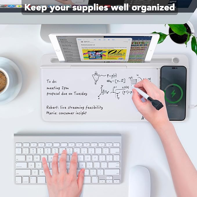 Varhomax Glass Desk Whiteboard with Wireless Charger, Desktop Dry Erase White Board with Storage, to Do List Memo Notepad for Home and Office - Image 4