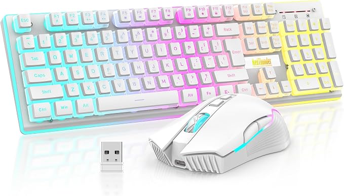 RedThunder K10 Wireless Gaming Keyboard and Mouse Combo, RGB Backlit Rechargeable 3800mAh Battery, Mechanical Feel Anti-ghosting Keyboard + 7D 3200DPI Mice for PC Gamer(White Pudding) by RedThunder