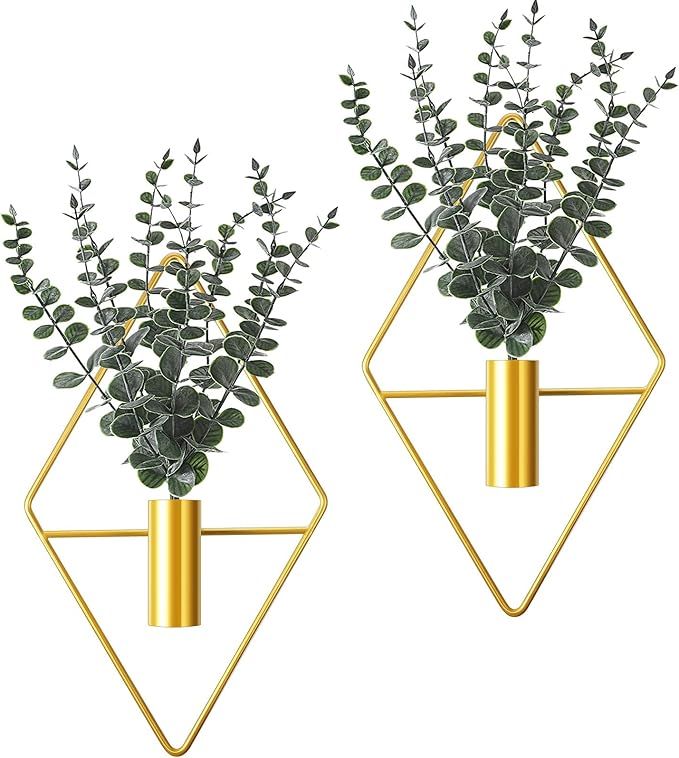 Jexine 8 Pcs Hanging Planters with Artificial Eucalyptus Metal Hanging Vase Indoor Plants Holder Modern Geometric Boho Bathroom Wall Decor for Living Room Home Office (Eucalyptus,Gold) by Jexine