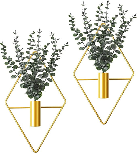 Jexine 8 Pcs Hanging Planters with Artificial Eucalyptus Metal Hanging Vase Indoor Plants Holder Modern Geometric Boho Bathroom Wall Decor for Living Room Home Office (Eucalyptus,Gold) by Jexine
