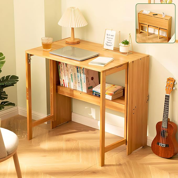 Bamboo Folding Desk Mid Century Modern Desk for Home Office Bedroom Small Spaces，Natural by Unknown