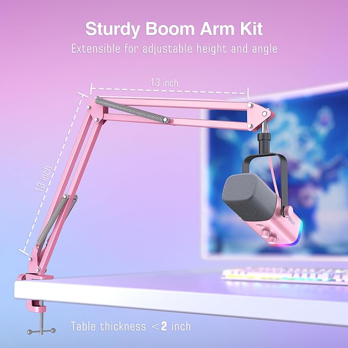 FIFINE AmpliGame AM8TP XLR Gaming Microphone USB PC Dynamic Mic Kit | Streaming RGB Mic with Headphone Jack, Mute Button, Boom Arm Stand for Computer/Mixer, for Vocal, Recording, Podcast, Pink - Image 7