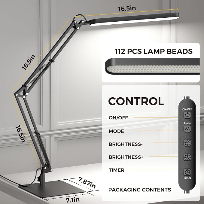 SKYLEO LED Desk Lamp with Slim Base - Adjustable Swing Arm Desk Light, Dimmable, Timer, Eye Protection, Memory Function, 1300LM, 12W, Black - Image 3