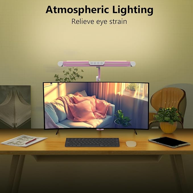 Micomlan Architect Desk Lamp for Home Office, Pink Desk Lamp with Clamp for Working, 24W Bright Rotatable Led Table Light Stepless Dimming Tempering Wide Computer Light for Crafting Puzzle Hobby - Image 4