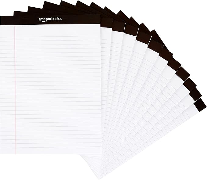 Amazon Basics Wide Ruled Lined Writing Note Pads for Office Supplies, 8.5" x 11.75", White, 12-Pack of 50 Perforated Sheets by AmazonBasics