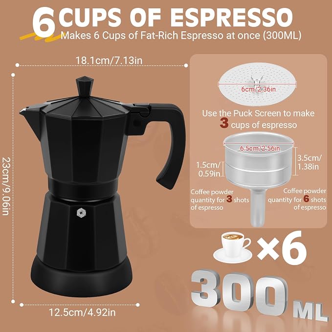 Electric Moka Pot, 3 or 6 Cup Espresso Coffee Maker, Black | Food-grade aluminum, dose reduction plate, boil-dry protection, auto-stop, detachable base, for Cuban and Italian coffee - Image 5