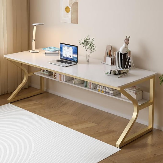 OSCHF 71-Inch Extra Long Desk with Storage Shelf, Gold | Double Long Writing Table, Space-saving, 2-Person Workstation, Modern Study Work Computer Desk, For Home Office by OSCHF