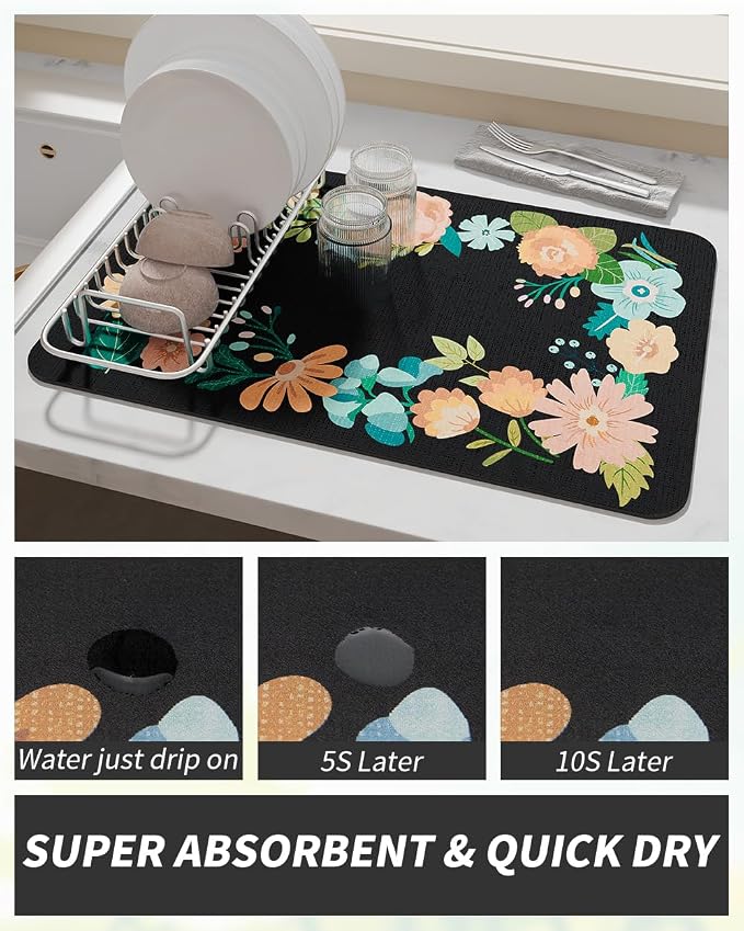 AMOAMI Coffee Mat Hide Stain Rubber Backed Absorbent Dish Drying Mat for Kitchen Counter - Bar Accessories Fit Under Coffee Maker, Espresso Machine, Dish Rack - Floral Black 12x19 - Image 2
