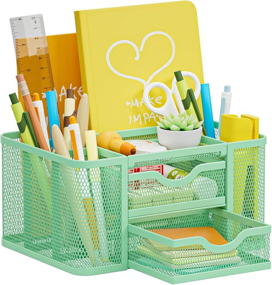 Marbrasse Mesh Desk Organizer, Pen Organizer with 2 Drawer, Multi-Functional Pencil Holder, Desk Organizers and Accessories with 5 Compartments + Drawer for Office Art Supplies (Green) by Marbrasse