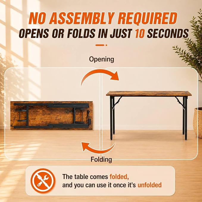 Folding Table Computer Desk - 55.1" No Assembly Folding Desk with Power Outlets & USB Charging Port, Small Desk, Foldable Office Desk, Compact Storage Portable Use for Small Space, Rustic Brown - Image 4