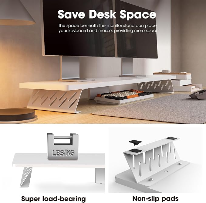 Fenge Dual Monitor Stand Riser, 42.5 Inch Desk Top Shelf for 2 Monitors, Computer Stands for Desk, Wood & Steel Desktop Riser for Laptop, PC, Printer - Image 6