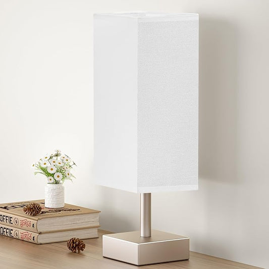 Antique White Small Bedside Lamp for Bedroom - Square White Fabric Shade | Inline Rocker Switch, Corded Electric, Bulb Not Included, 12.8" Mini Table Lamp for Nightstand, Desk, Dorm, Office by Aooshine