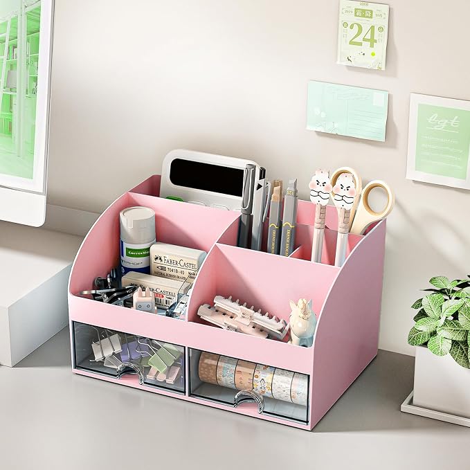 COMFYROOM Desk Organizer with 6 Compartments and 2 Drawers, Plastic Makeup Organizer, Pen Holder for Desktop Storage, Desk Organization for School, Home, Office Supplies (Pink) - Image 4