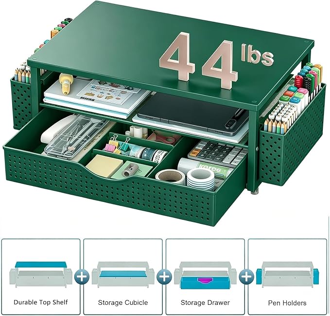 Spacrea Desk Organizer and Accessories, Computer Monitor Stand Riser with Drawer and 2 Pen Holders, Office Desk Accessories & Workspace Organizers for Office Supplies (Dark Green) - Image 4