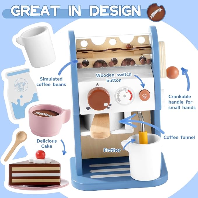 GAGAKU Wooden Coffee Machine Toy with Grinder，15 pcs Wood Play Kitchen Accessories for Kids Non-Toxic Pretend Play Barista Set Learning Gift for Toddlers Girls Boys Ages 3+ - Image 4