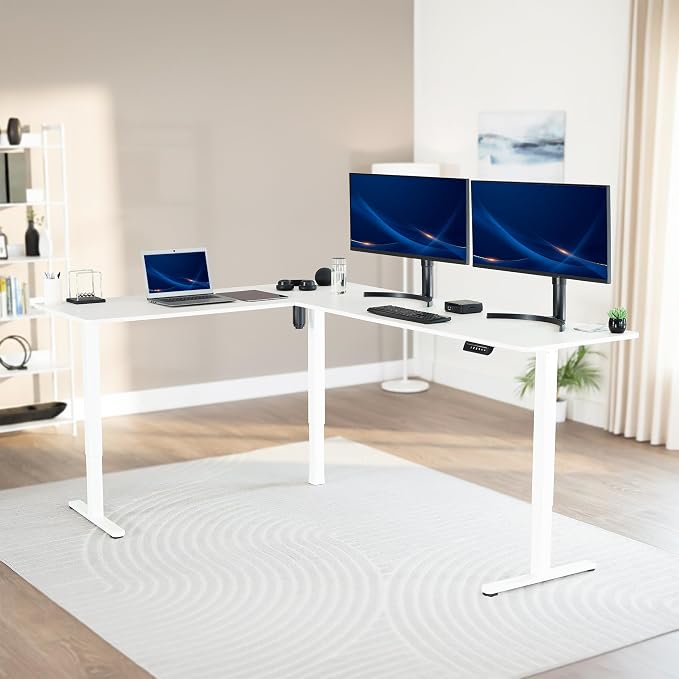VIVO White 84 x 63 in Corner Standing Desk, DESK-E3CTWW-84 | Electric, Large Reversible L-Shaped Table, Sit Stand Height Adjustable, Memory Controller, Office Furniture Sets, Black Frame - Image 2