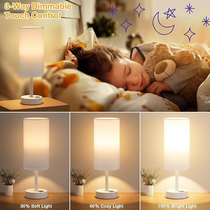 Dicoool Bedside Table Lamp for Bedroom - 3-Way Dimmable Touch Lamp, USB A+C | LED Bulb Included, 14" Small Nightstand Lamp for Desk, Living Room, Guest Room, White Fabric Lampshade, White Metal Base - Image 3