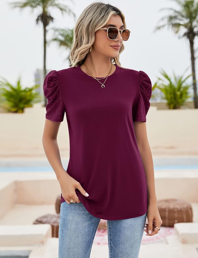 Ivicoer Puff Short Sleeve Shirt for Women Eyelet Tops Summer Crewneck Blouse Loose Fit S-XXL - Image 2