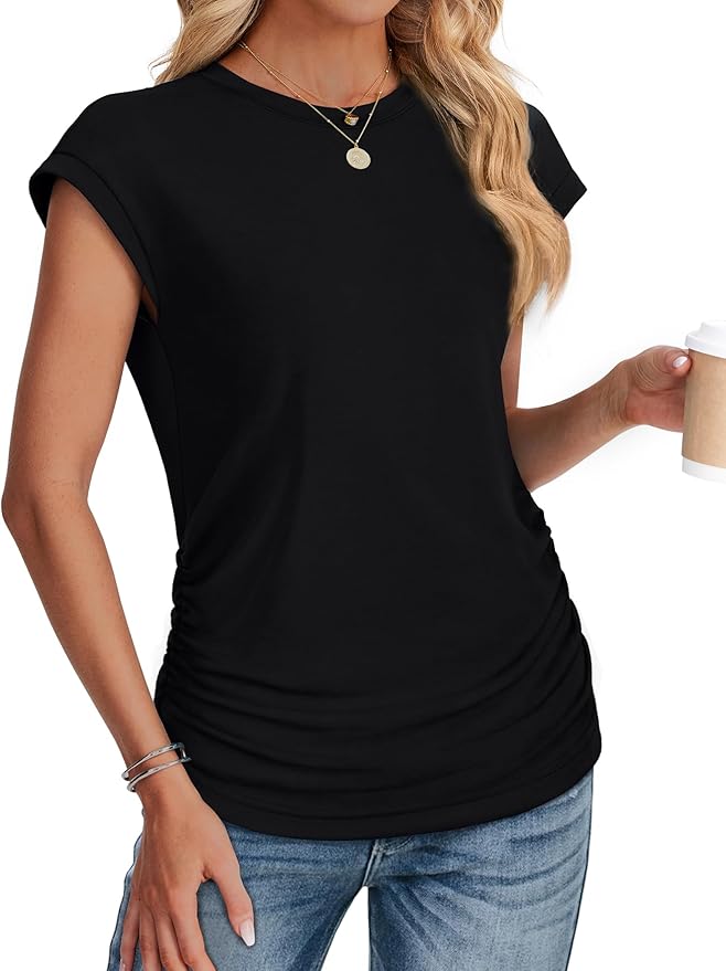 Sampeel Womens Summer Tops Trendy 2026 Ruched Cap Short Sleeve Tshirts Shirts Crew Neck T Shirts Fashion - Image 3