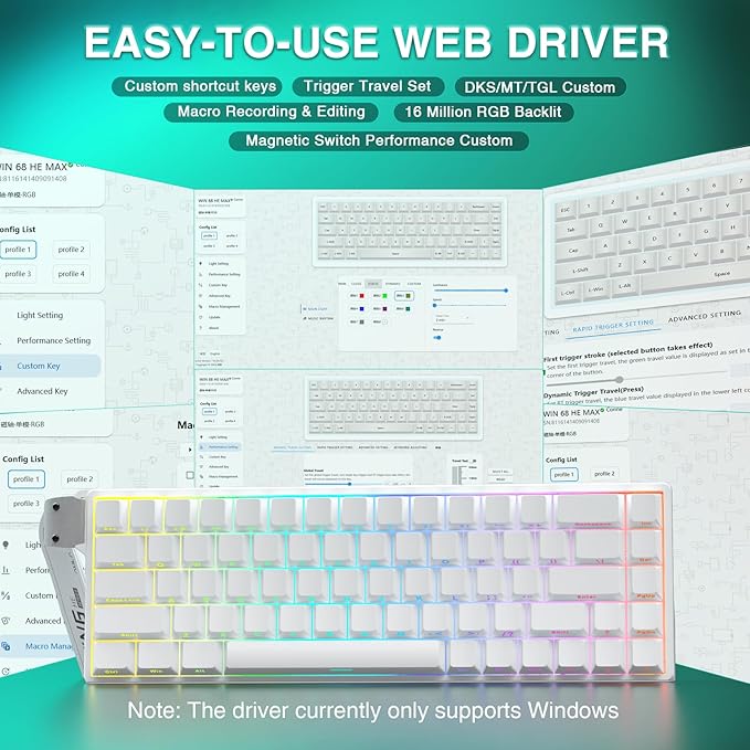AULA WIN68 HE Mechanical Gaming Keyboard 60%, Hall Effect Magnetic Switch, Fast Trigger Mode Adjustable Actuation, 8000Hz Polling Rate, RGB Backlit, Wired White Keyboard for Laptop/PC Gamer - Image 5