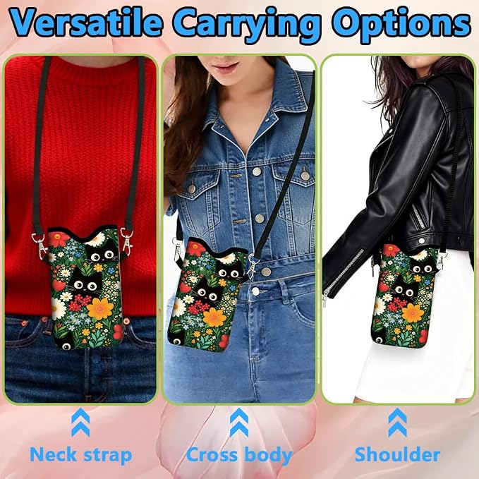 Cat Phone Pouch with Adjustable Strap Neck Lanyard Fits Most Smartphones 7.1 x 3.9 Inch Phone Crossbody Sleeve Black Cat Flower Pattern Neoprene Nylon Cellphone Carrying Case for Women Men - Image 5