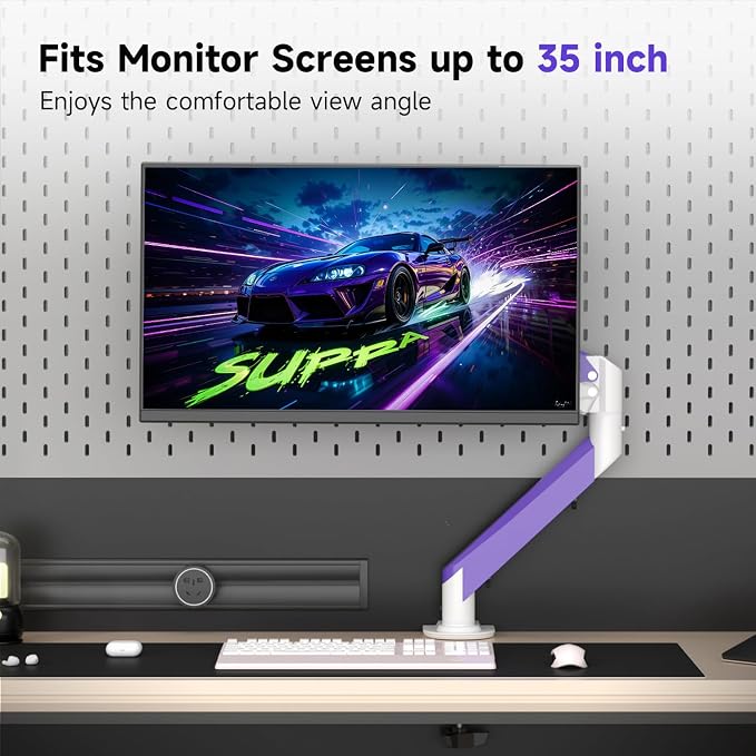 Suptek Monitor Mount Gas Spring Monitor Arm Desk Mount Fully Adjustable Fits 17 20 22 23 24 26 27 32 35 inch Monitors Weight Capacity up to 24.25 lbs (White+Purple, 17"-35") - Image 4